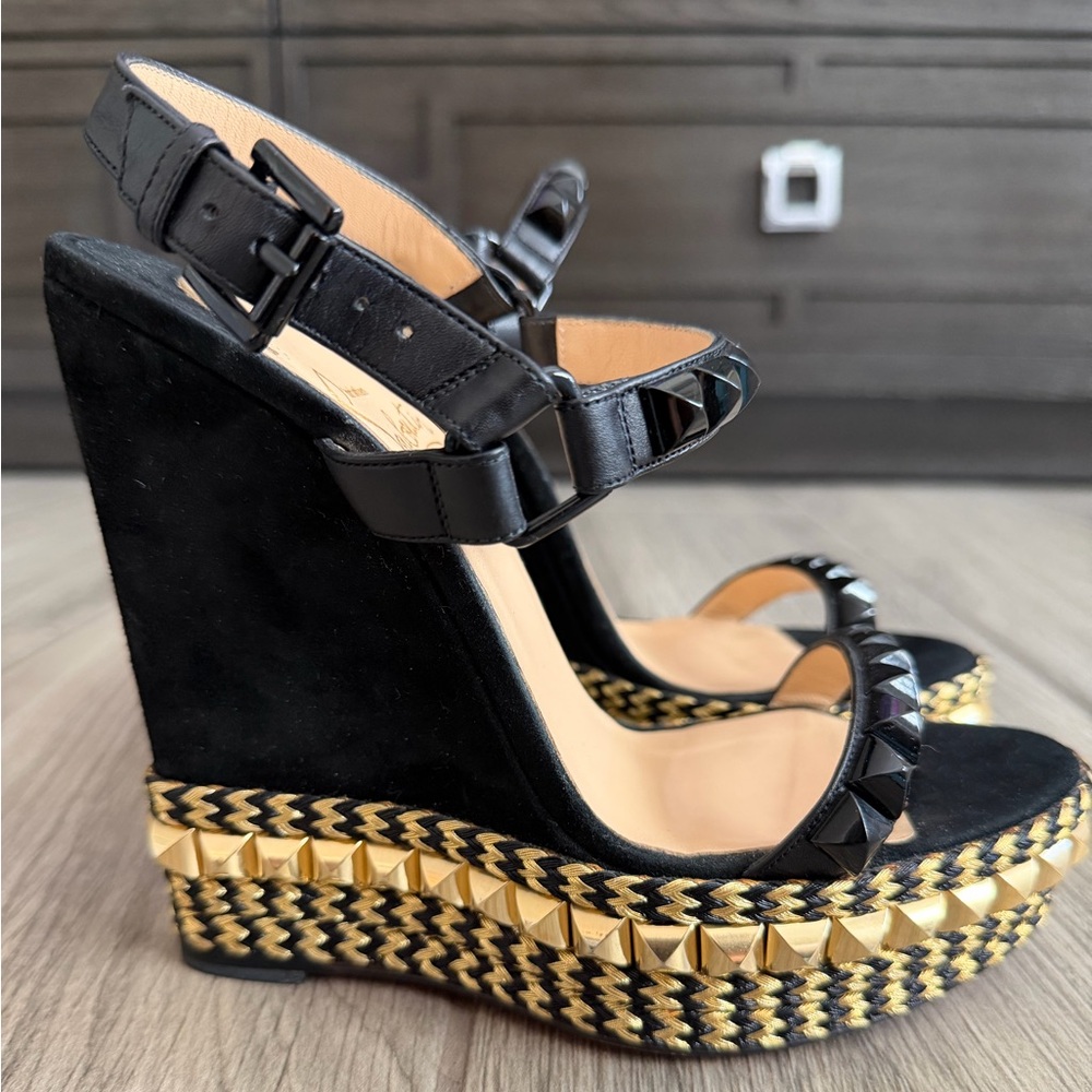 Christian Louboutin Black Wedge Sandals with Gold Studded Platform